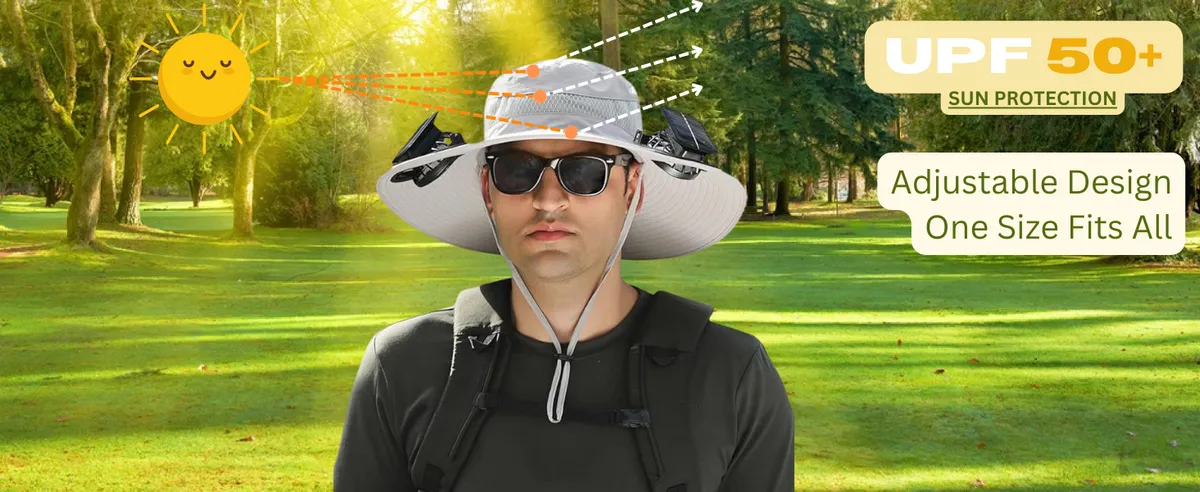 Solar fan hat worn by outdoorsman with wide brim and solar panel on top