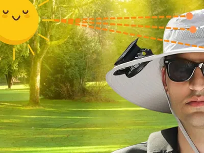 Solar panel on top of fan hat charging in sunlight
